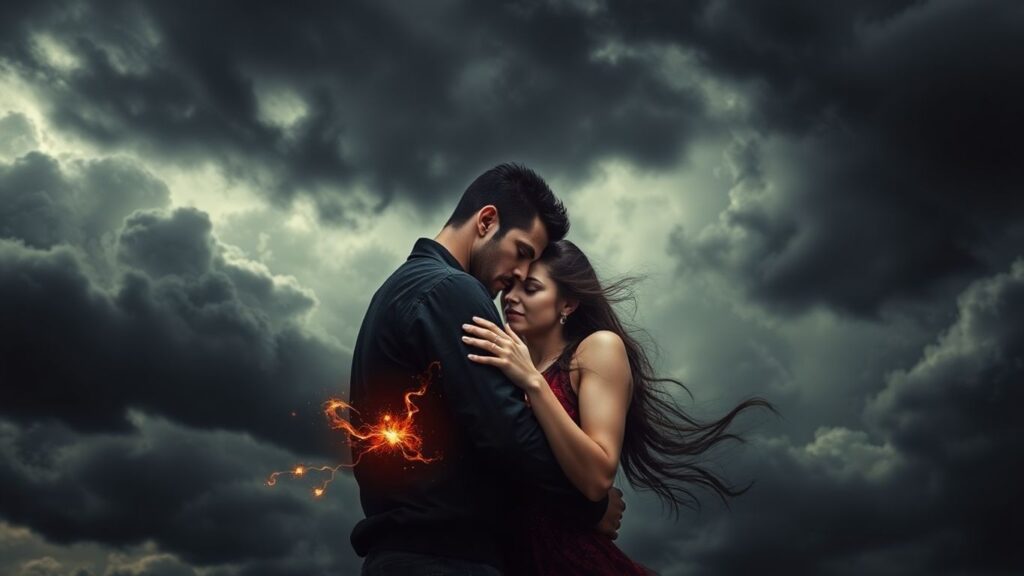 Onyx Storm Buchcover mit zwei Liebenden im Sturm