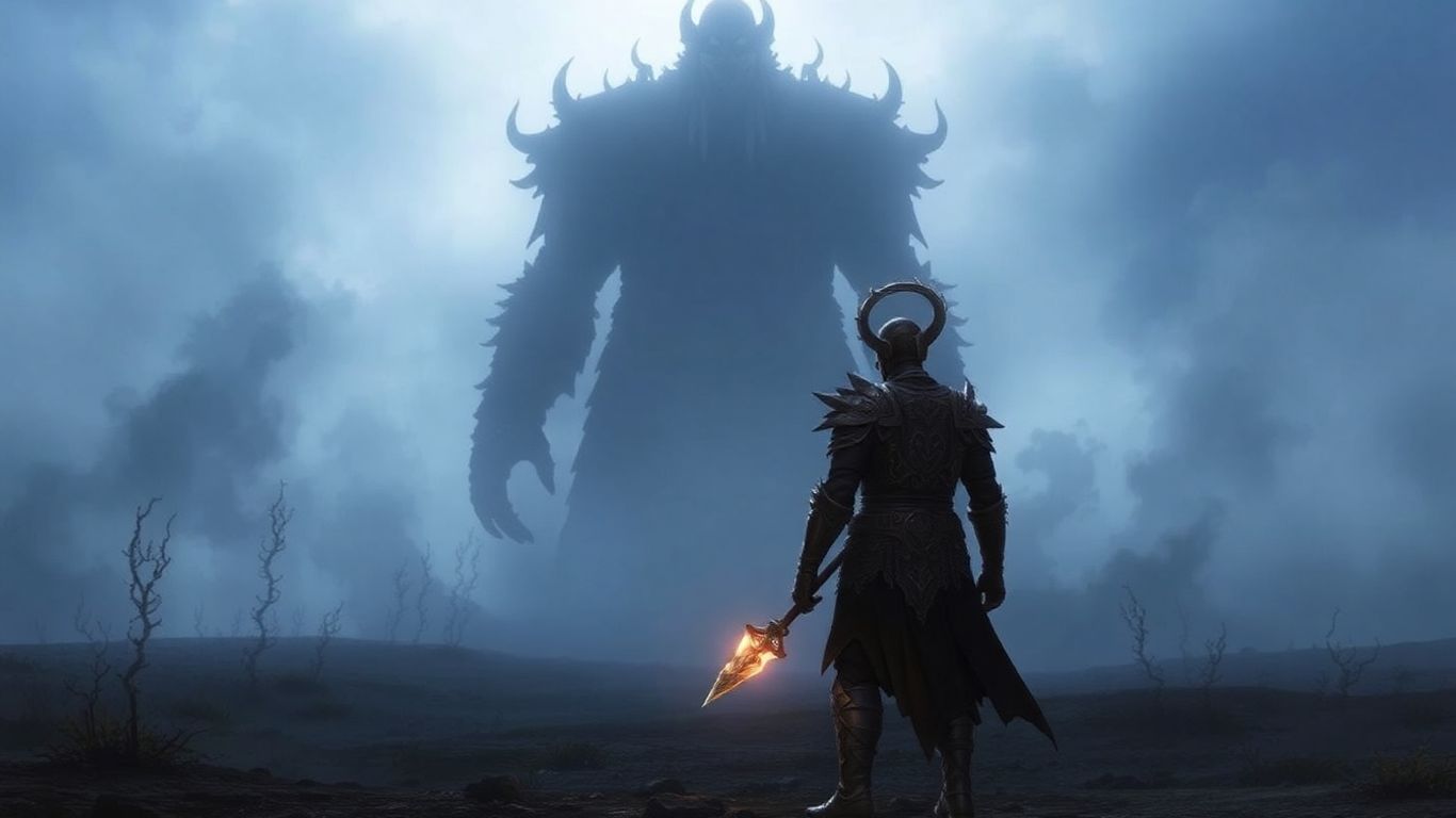 Krieger kämpft gegen riesige Schattenfigur in Elden Ring DLC.
